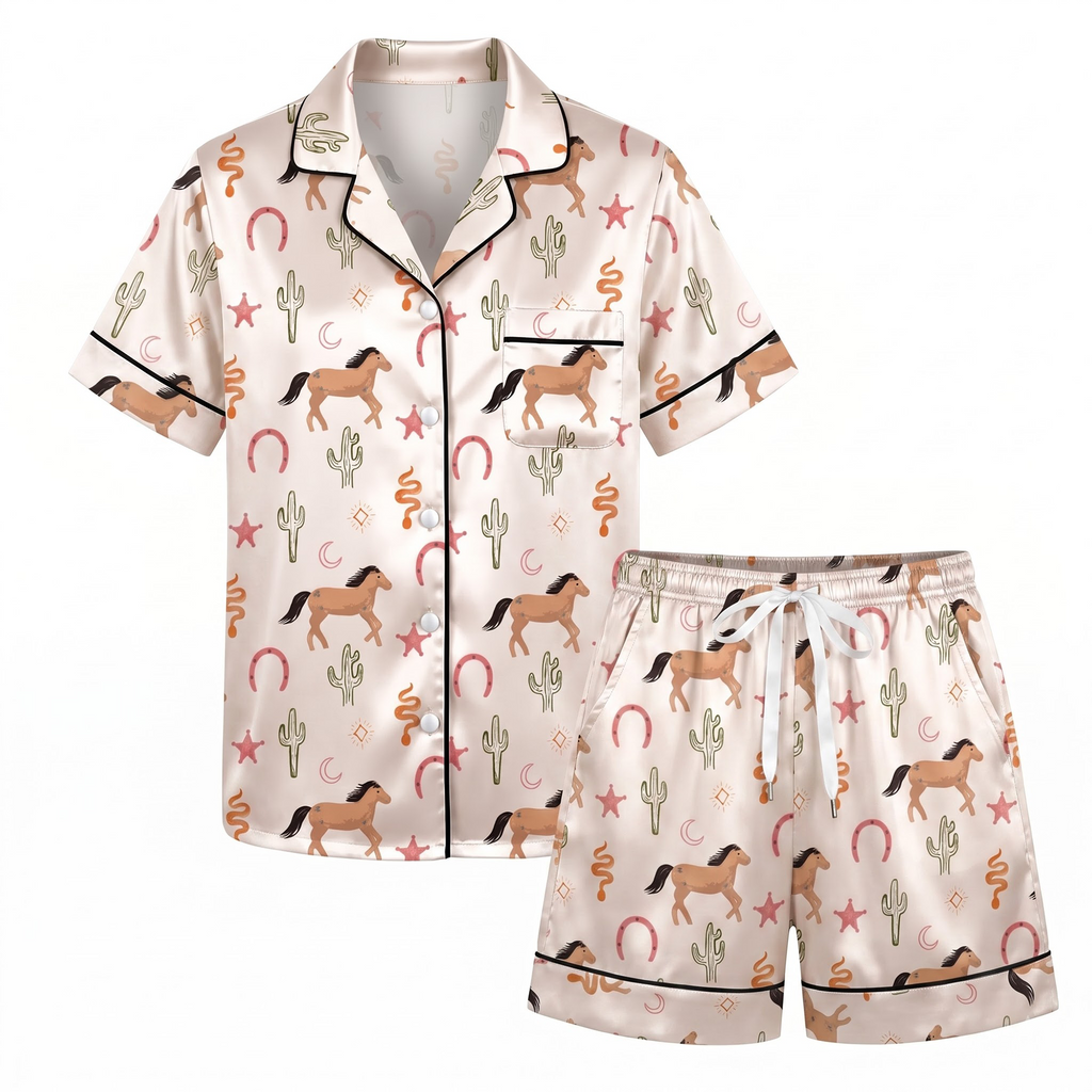 Western Horse Pajama Set, Desert Cactus Lounge Set, Light Pink Horse Sleepwear PJS, Gift for Horse Lovers Women