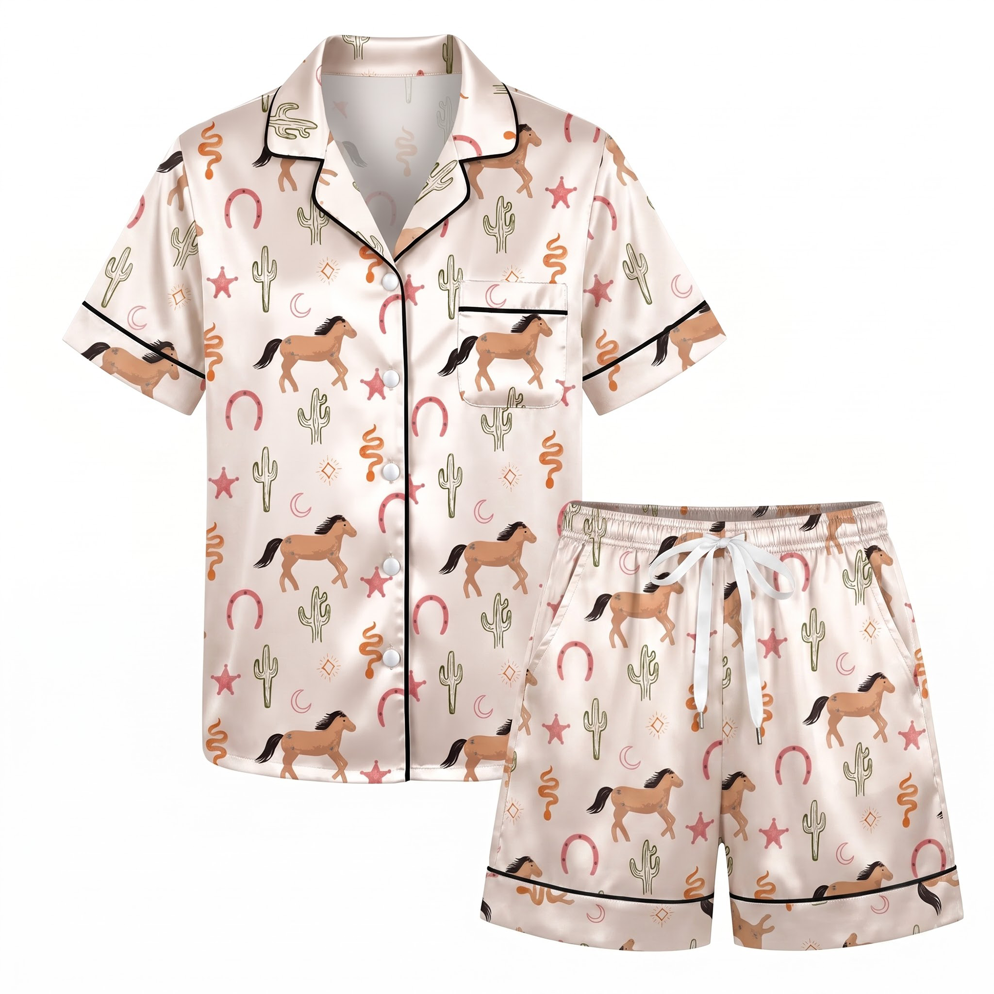 Western Horse Pajama Set, Desert Cactus Lounge Set, Light Pink Horse Sleepwear PJS, Gift for Horse Lovers Women