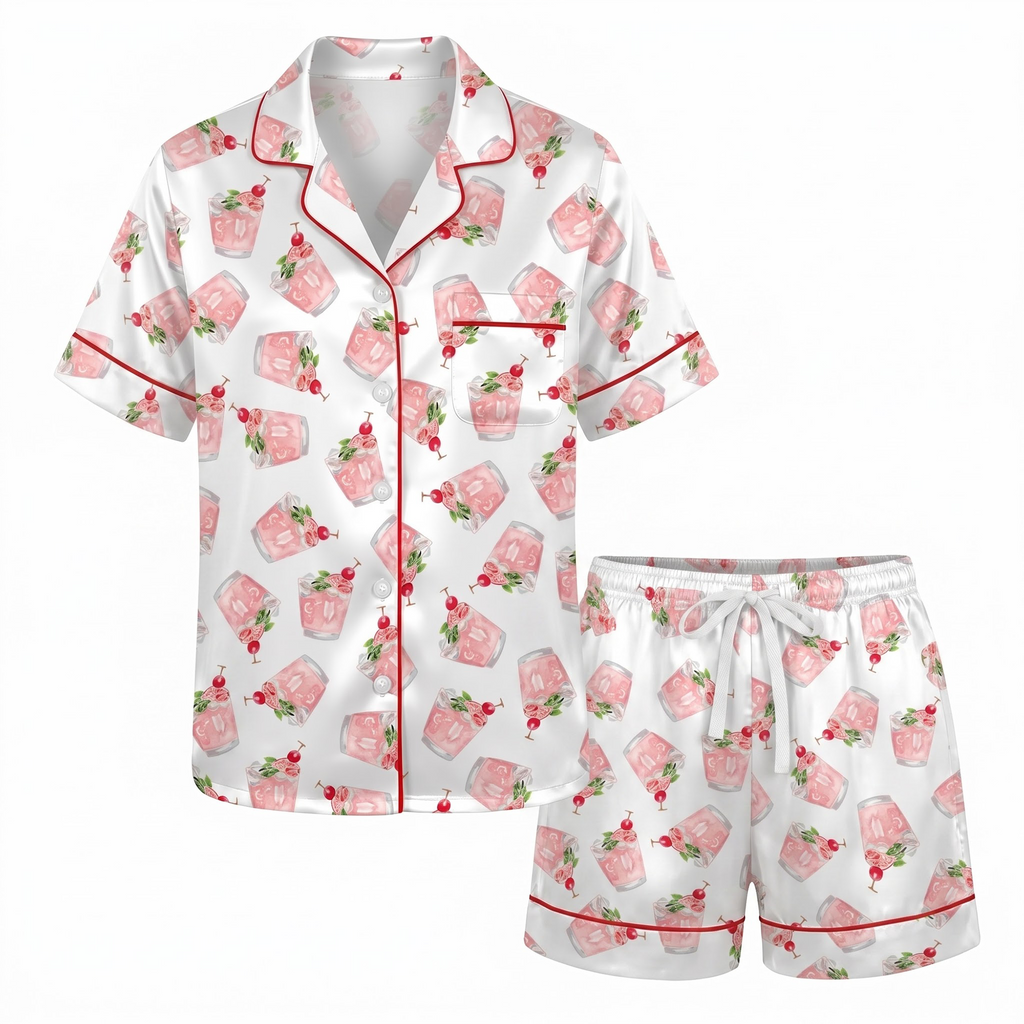 Pink Cocktail Satin Pajama Set, Cherry Drink Silk Sleepwear, Happy Hour Lounge Set, Bachelorette Party Gift for Her