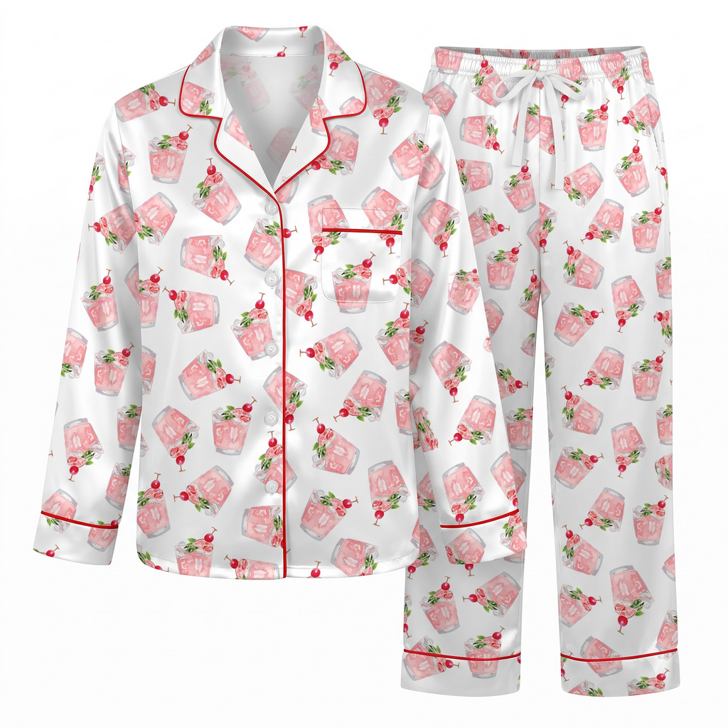 Pink Cocktail Satin Pajama Set, Cherry Drink Silk Sleepwear, Happy Hour Lounge Set, Bachelorette Party Gift for Her