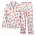 Pink Cocktail Satin Pajama Set, Cherry Drink Silk Sleepwear, Happy Hour Lounge Set, Bachelorette Party Gift for Her