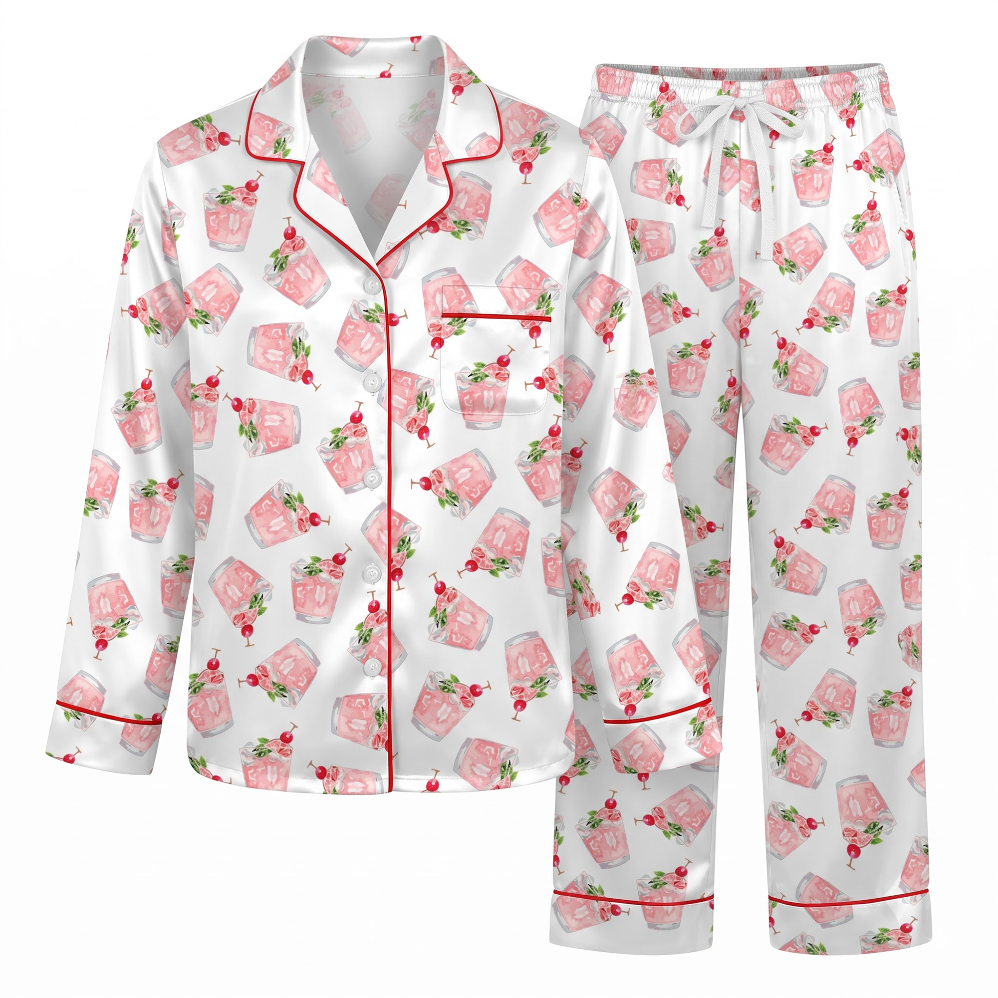 Pink Cocktail Satin Pajama Set, Cherry Drink Silk Sleepwear, Happy Hour Lounge Set, Bachelorette Party Gift for Her