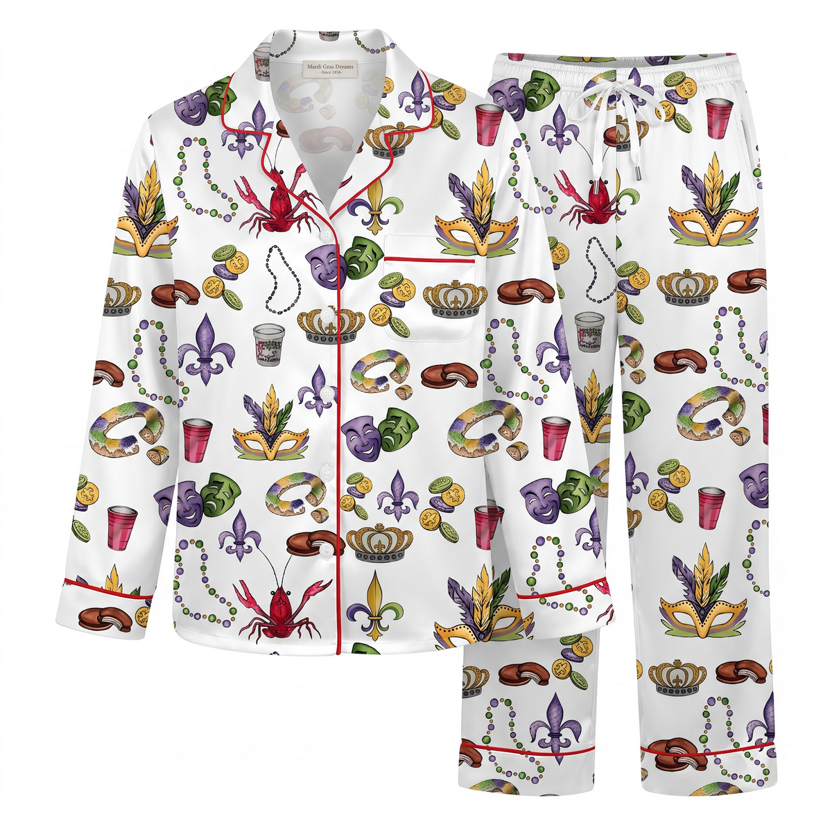 Mardi Gras Satin Pajama Set, New Orleans Crawfish Silk Sleepwear, Masquerade King Cake Lounge Set, Festival Gift for Her