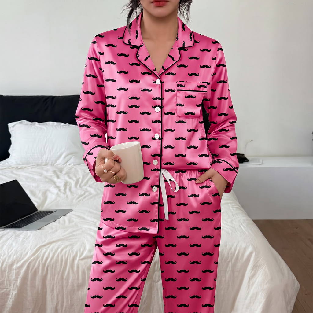 Pink Mustache Pajama Set, Black Moustache Print Satin Sleepwear, Funny Silk Long Sleeve PJ Set, Cute Gift for Bestie Girlfriend