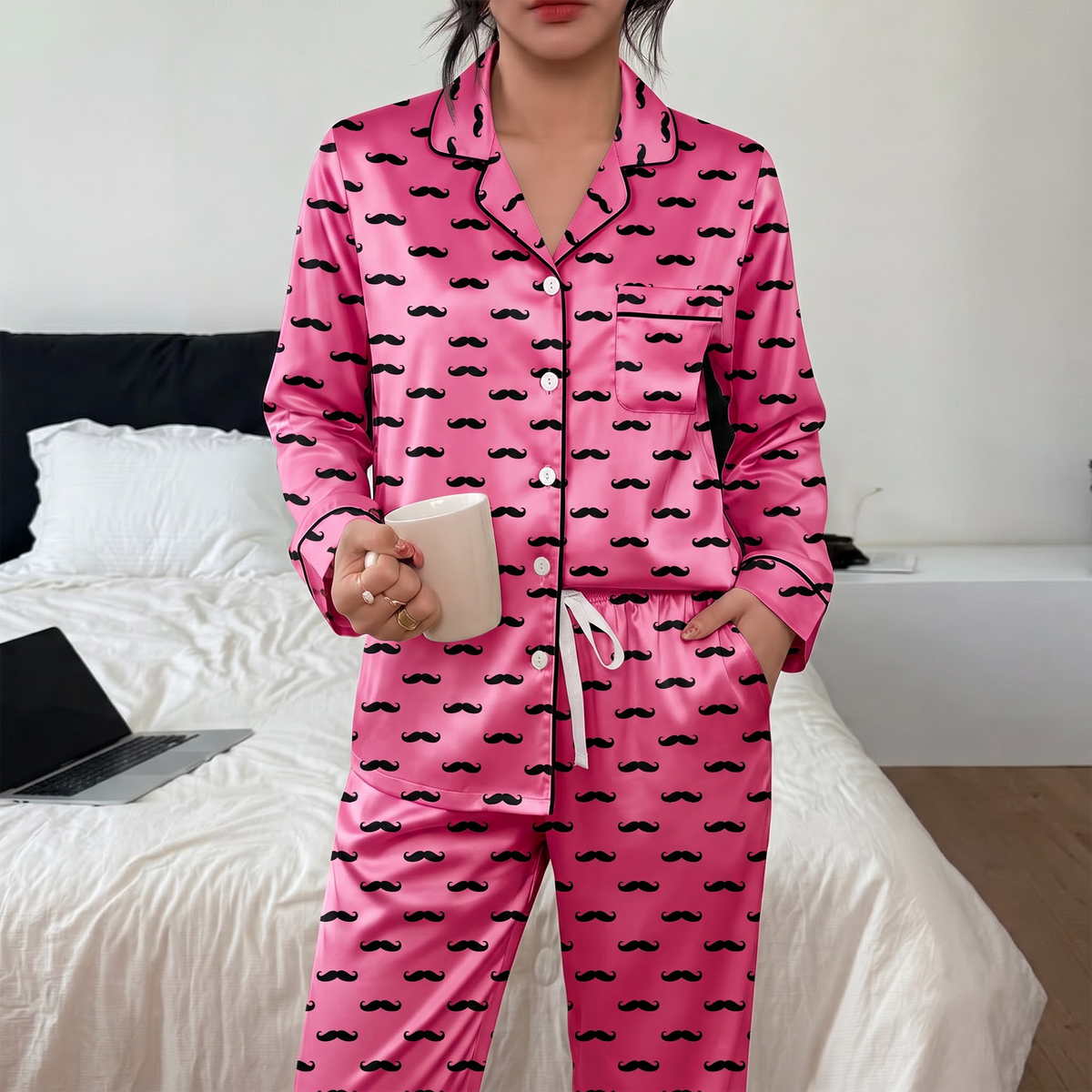 Pink Mustache Pajama Set, Black Moustache Print Satin Sleepwear, Funny Silk Long Sleeve PJ Set, Cute Gift for Bestie Girlfriend