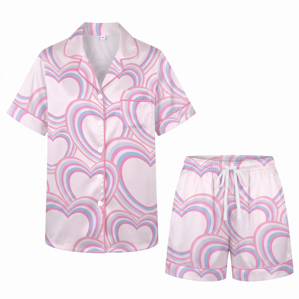 Retro Heart Pajama Set, Pastel Pink Blue Satin Lounge Set, Y2K Groovy Sleepwear PJS, Valentine Gift for Her Women