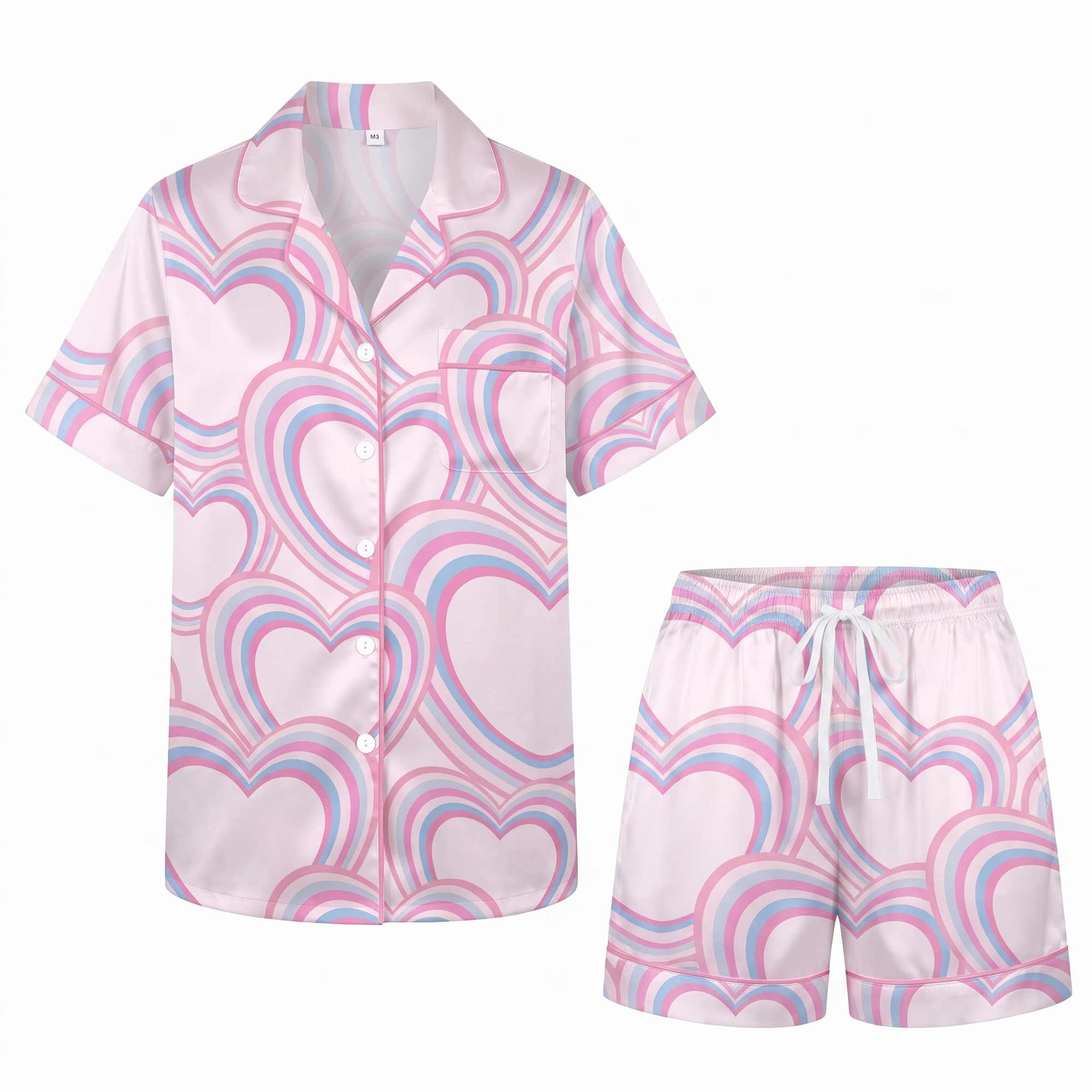 Retro Heart Pajama Set, Pastel Pink Blue Satin Lounge Set, Y2K Groovy Sleepwear PJS, Valentine Gift for Her Women