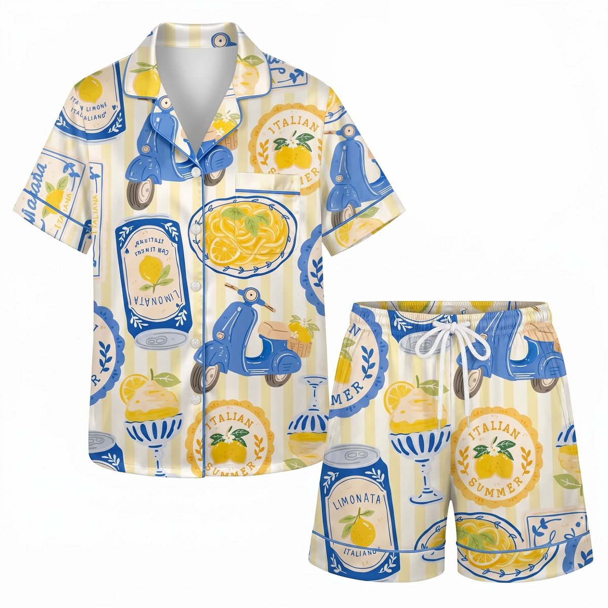 Italian Summer Pajama Set, Amalfi Coast Lemon Vespa Lounge Set, Limonata Sleepwear PJS, Travel Gift for Her Women