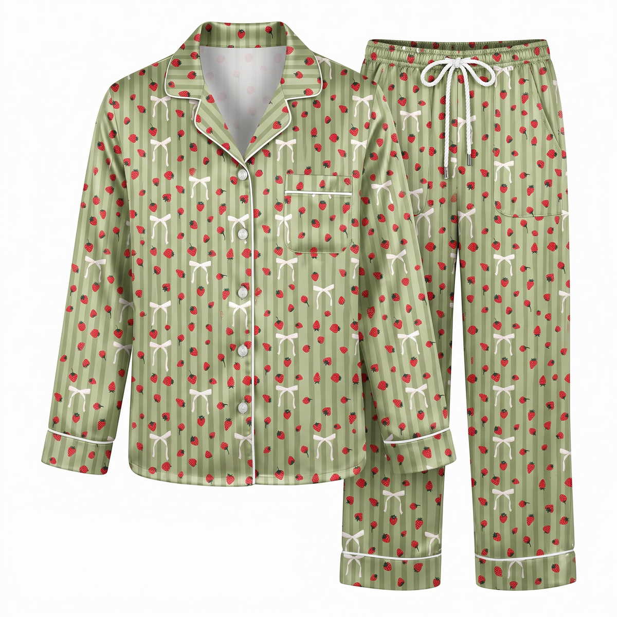 Strawberry Pajama Set, Green Striped Satin Coquette Lounge Set, Cute Bow Strawberry Sleepwear PJS, Birthday Gift for Her