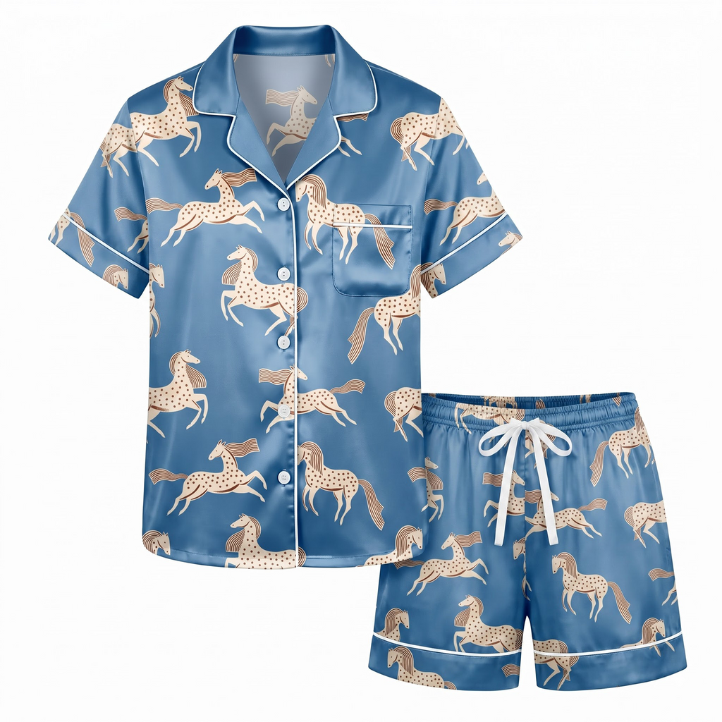 Blue Horse Satin Pajama Set, Equestrian Silk Sleepwear, Wild Mustang Lounge Set, Horse Lover Gift for Her Women