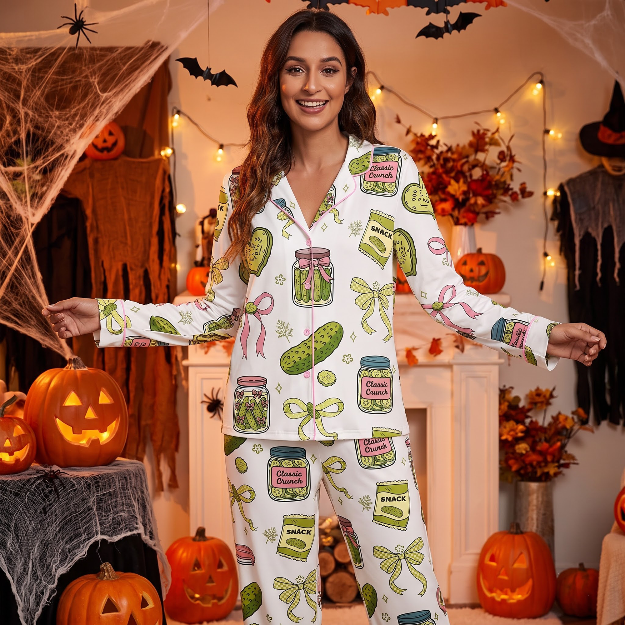 Pickle Pajama Set for Women, Cute Coquette Sleepwear, Button Up Shirt and Shorts, Pickle Lover Gift