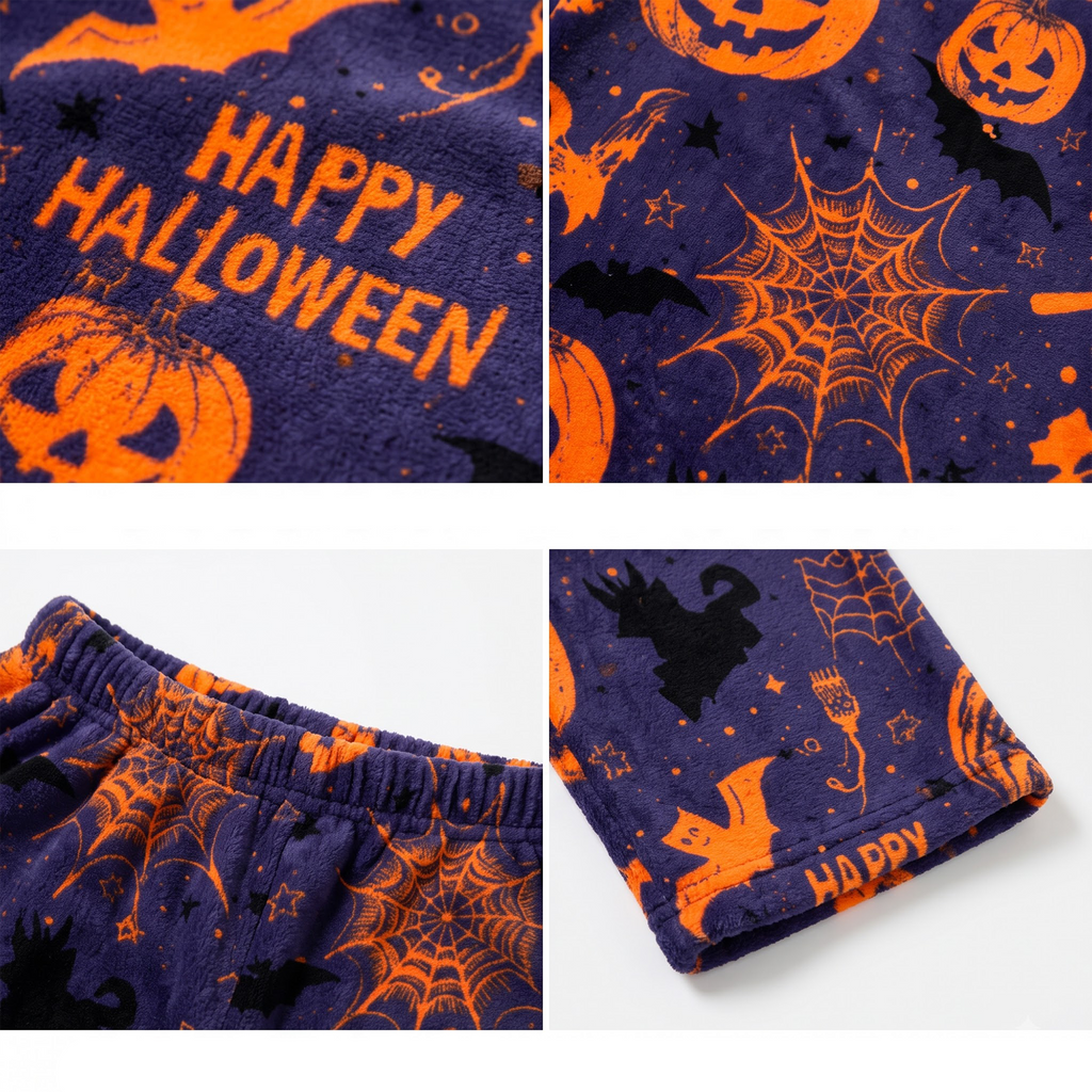 Happy Halloween Fuzzy Pajama Pants, Orange Pumpkin Purple Fleece Sleepwear Bottoms, Soft Plush Warm Winter Lounge Pants, Spooky Gift