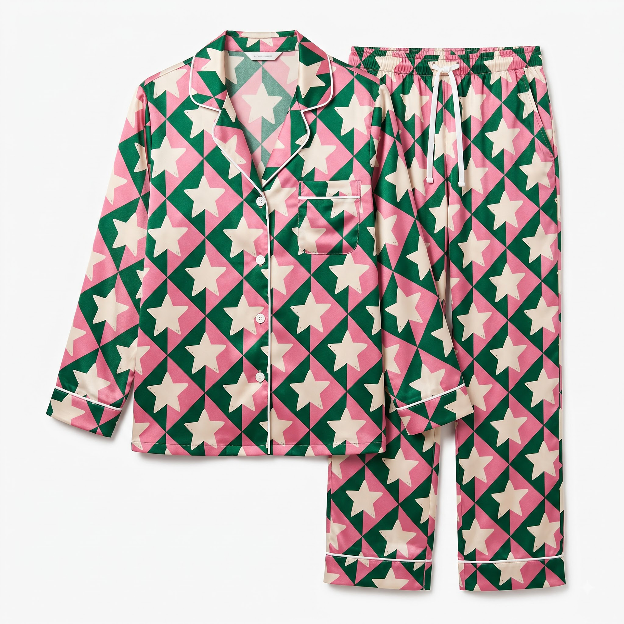 Preppy Star Pajama Set, Pink Green Geometric Satin PJS, Retro Holiday Sleepwear, Secret Santa Gift for Friends Sister