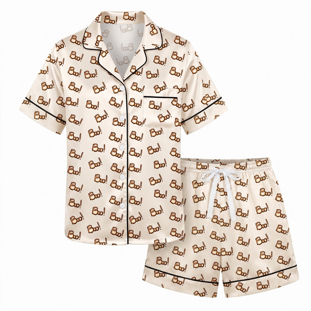 Cute Boo Halloween Satin Pajama Set, Cream Silk Long Sleeve PJs, Spooky Ghost Fall Sleepwear, Halloween Gift for Her Women