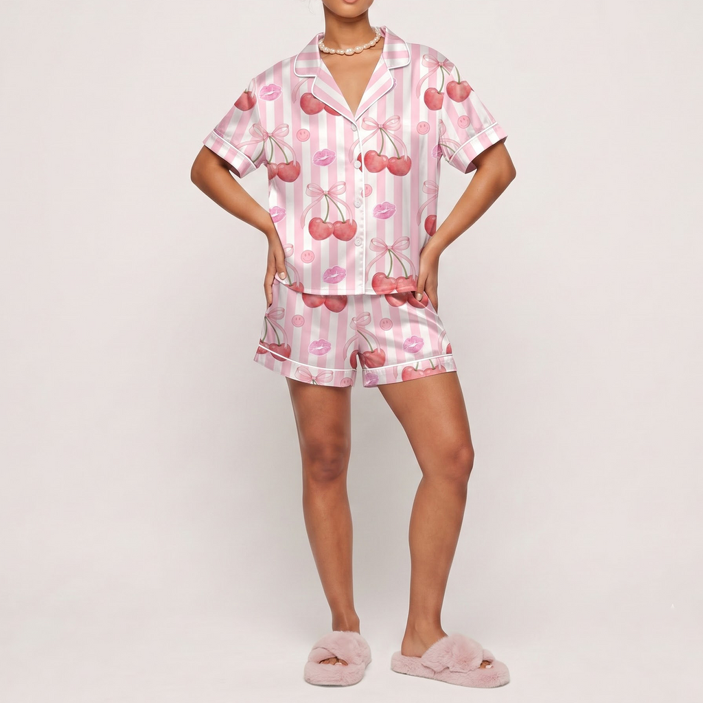 Pink Cherry Satin Pajama Set, Coquette Bow Cherry Silk Sleepwear, Striped Lip Kiss Button Down Pjs, Valentine Gift for Her