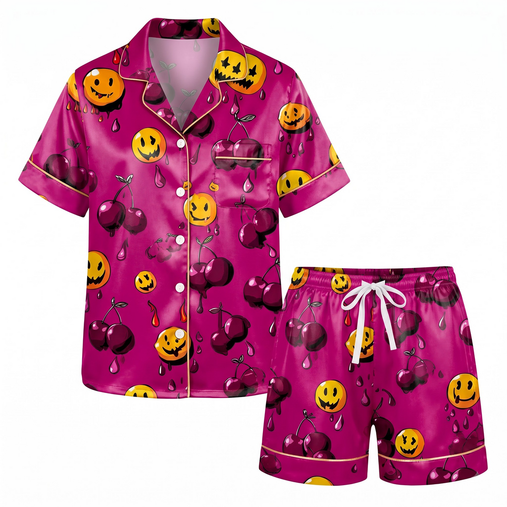 Pink Halloween Cherry Satin Pajama Set, Spooky Smiley Silk Sleepwear, Dripping Cherry Button Down Pjs, Cute Gift for Her