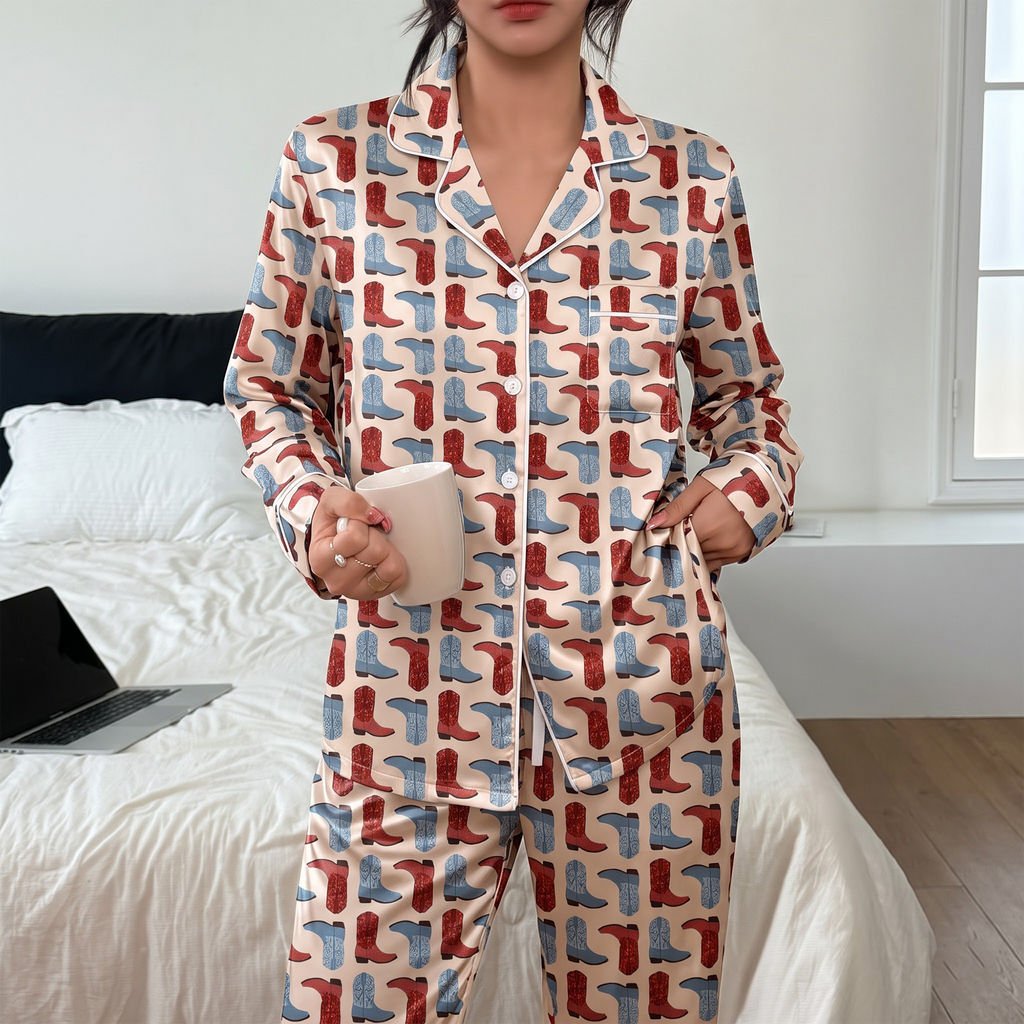 Cowboy Boot Satin Pajama Set, Red Blue Cowgirl Silk Sleepwear, Western Country Lounge Set, Cowgirl Gift for Her Women