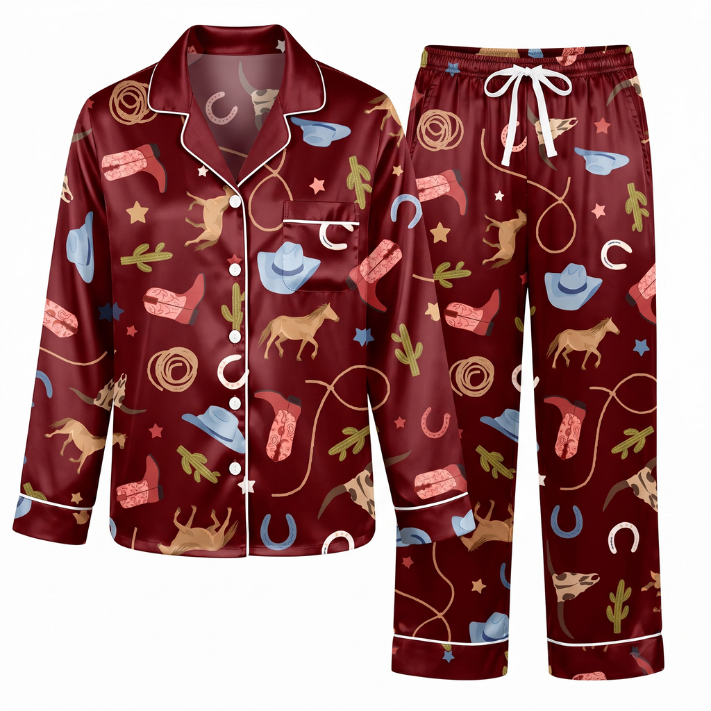 Western Horse Satin Pajama Set, Burgundy Rodeo Cowgirl Silk Sleepwear, Country Lounge Set, Cowgirl Gift for Her Women
