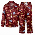 Western Horse Satin Pajama Set, Burgundy Rodeo Cowgirl Silk Sleepwear, Country Lounge Set, Cowgirl Gift for Her Women