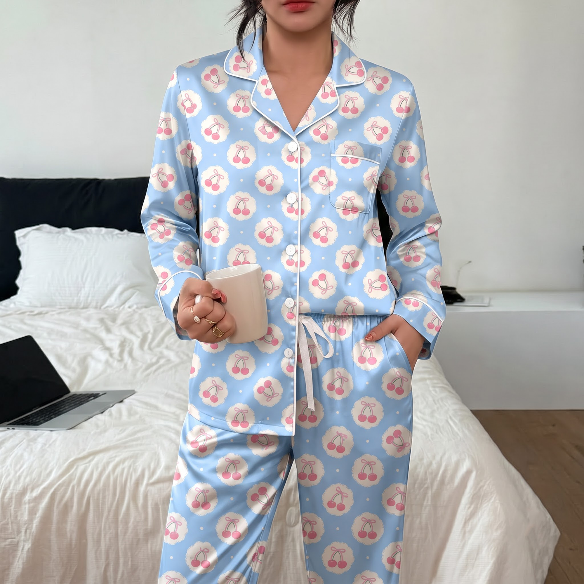 Blue Cherry Pajama Set, Coquette Pink Cherry Satin Lounge Set, Cute Ribbon Cherry Sleepwear PJS, Birthday Gift for Her
