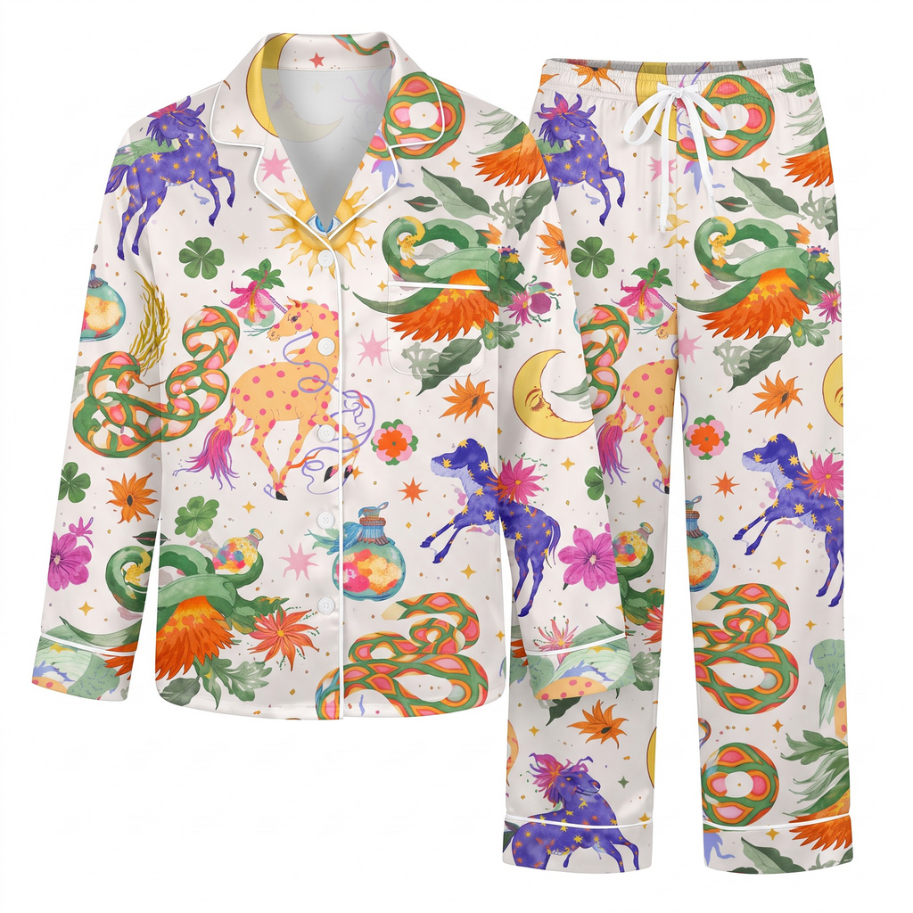 Celestial Unicorn Pajama Set, Whimsical Dragon Satin Lounge Set, Psychedelic Sleepwear PJS, Birthday Gift for Her Women