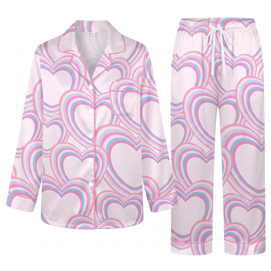 Retro Heart Pajama Set, Pastel Pink Blue Satin Lounge Set, Y2K Groovy Sleepwear PJS, Valentine Gift for Her Women