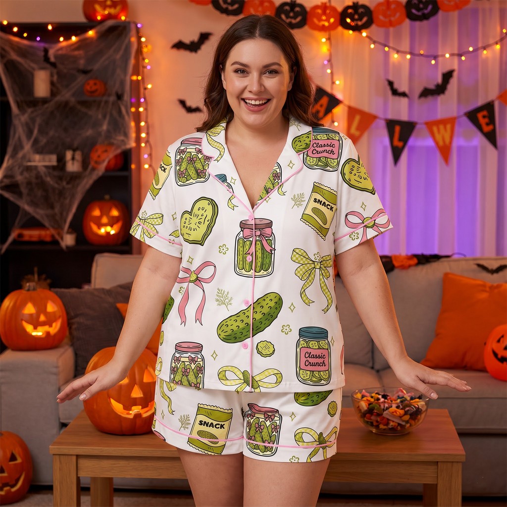 Pickle Pajama Set for Women, Cute Coquette Sleepwear, Button Up Shirt and Shorts, Pickle Lover Gift