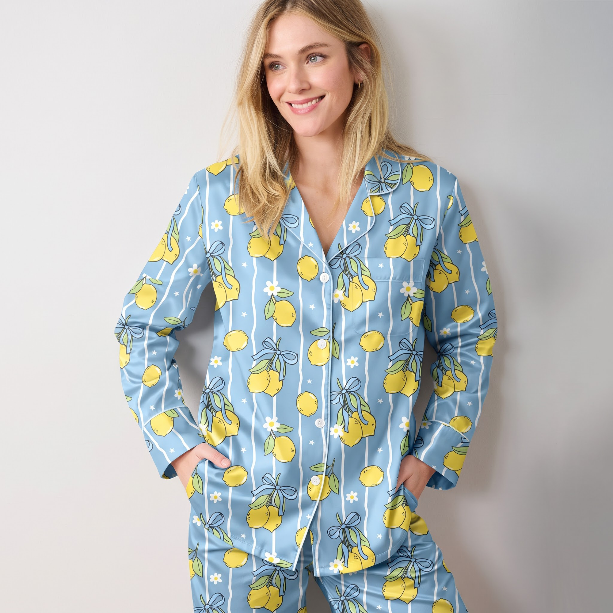 Blue Lemon Satin Pajama Set, Coquette Blue Bow Silk Sleepwear, Coastal Amalfi Summer Button Down Pjs, Gift for Her Bestie