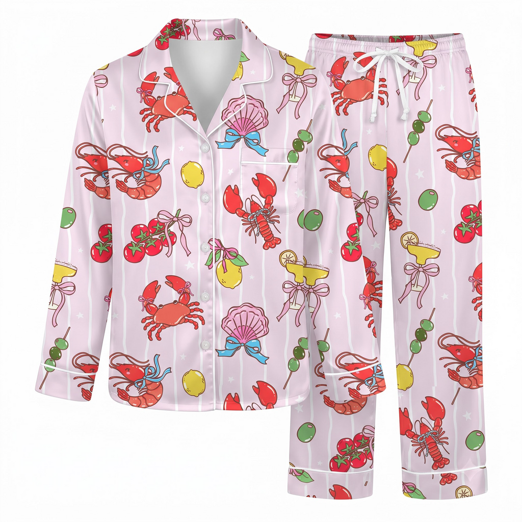 Pink Lobster Satin Pajama Set, Coquette Seafood Silk Sleepwear, Coastal Summer Button Down Pjs, Bachelorette Gift for Her