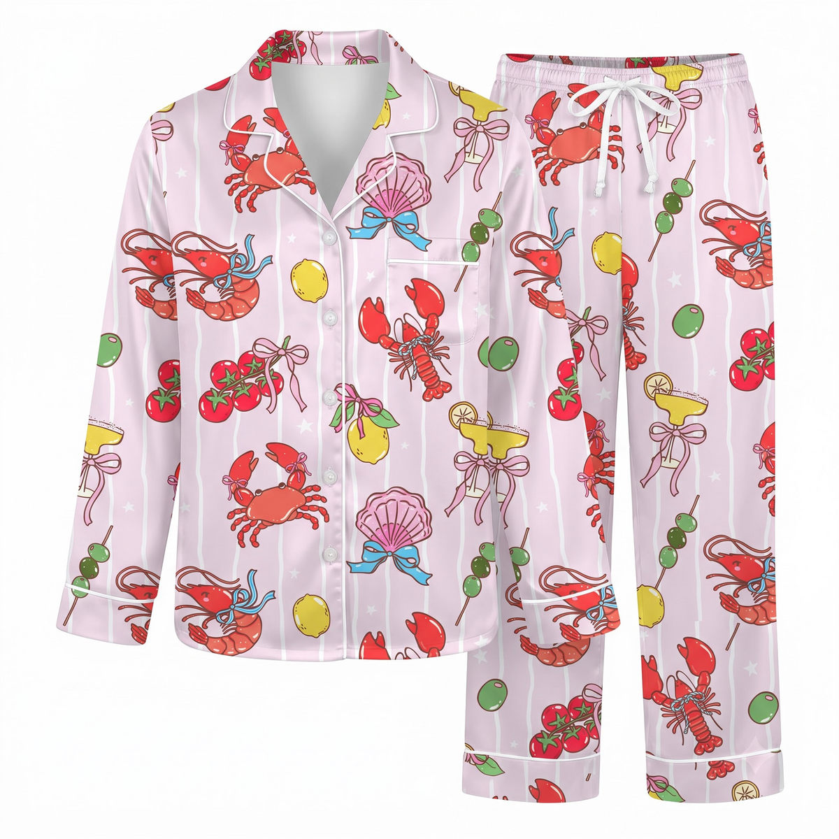 Pink Lobster Satin Pajama Set, Coquette Seafood Silk Sleepwear, Coastal Summer Button Down Pjs, Bachelorette Gift for Her