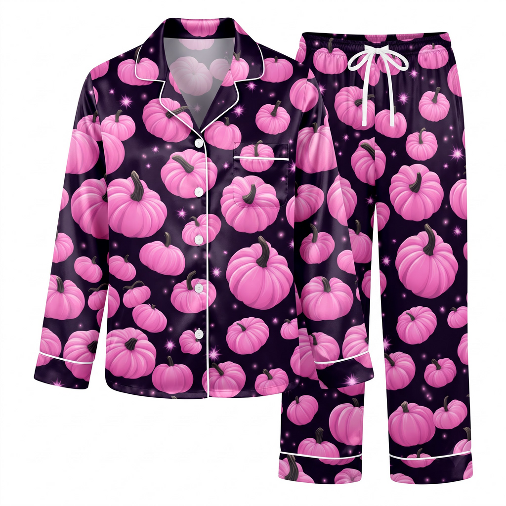 Pink Pumpkin Pajama Set, Dark Purple Satin Spooky Lounge Set, Cute Pink Halloween Sleepwear PJS, Halloween Gift for Her