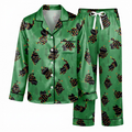 Christmas Black Cat Pajama Set, Green Satin Holiday Lights Lounge Set, Cute Cat Mom Xmas Sleepwear PJS, Gift for Her