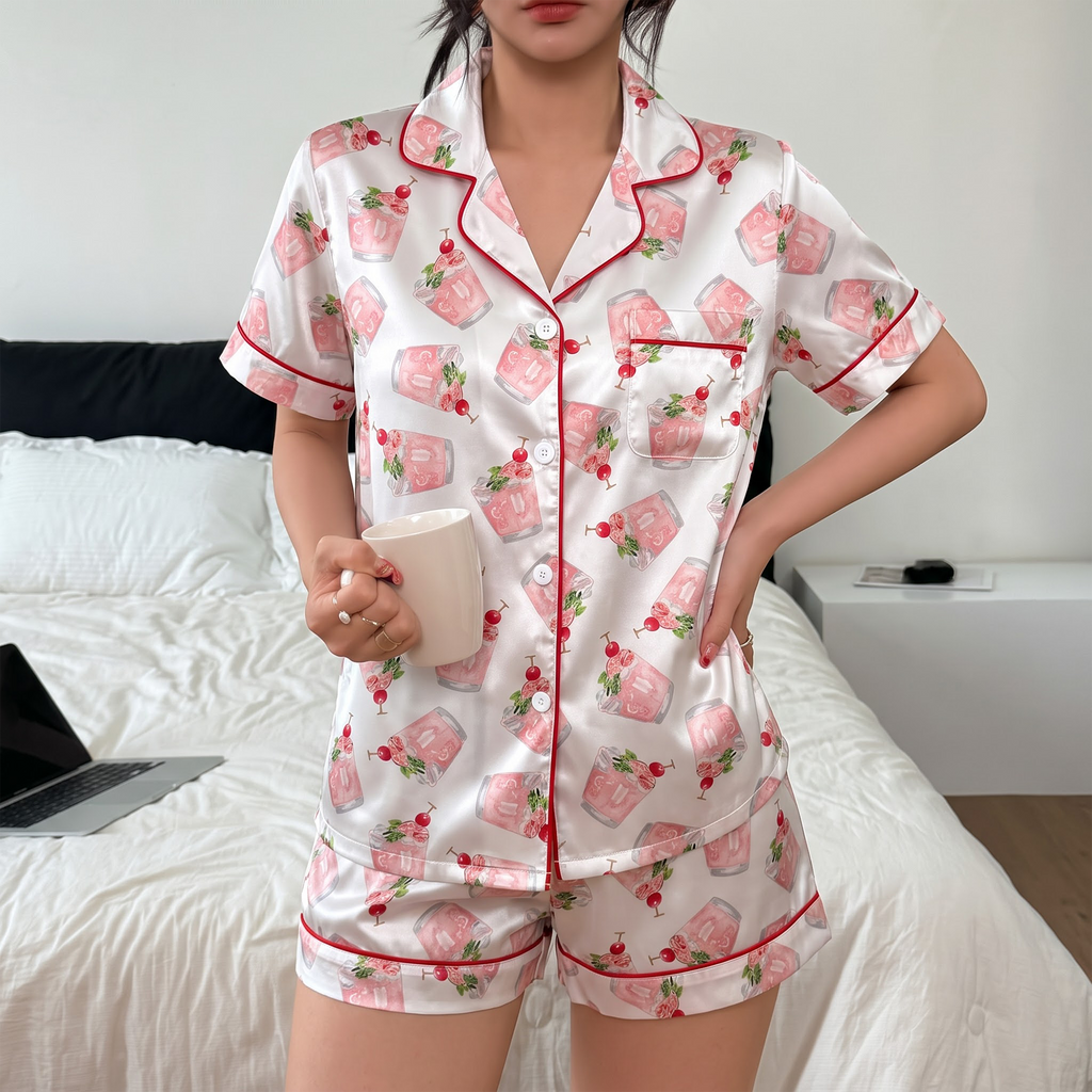 Pink Cocktail Satin Pajama Set, Cherry Drink Silk Sleepwear, Happy Hour Lounge Set, Bachelorette Party Gift for Her