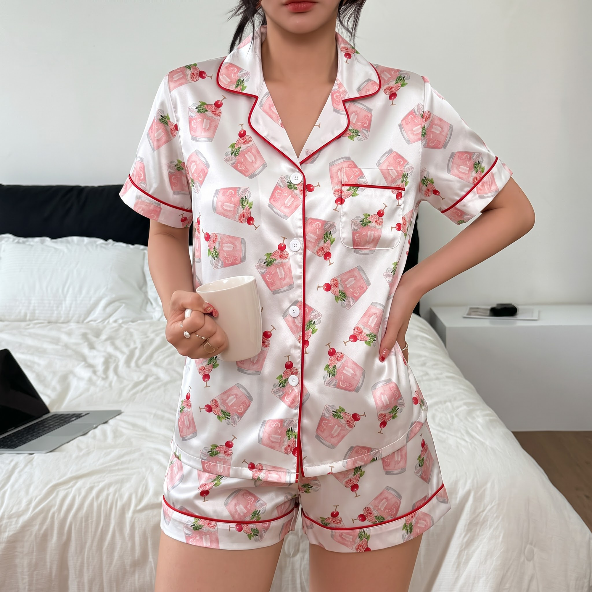 Pink Cocktail Satin Pajama Set, Cherry Drink Silk Sleepwear, Happy Hour Lounge Set, Bachelorette Party Gift for Her
