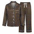 Brown Polka Dot Satin Pajama Set, Chocolate Silk Sleepwear, Light Blue Dot Pattern Lounge Set, Gift for Her Women