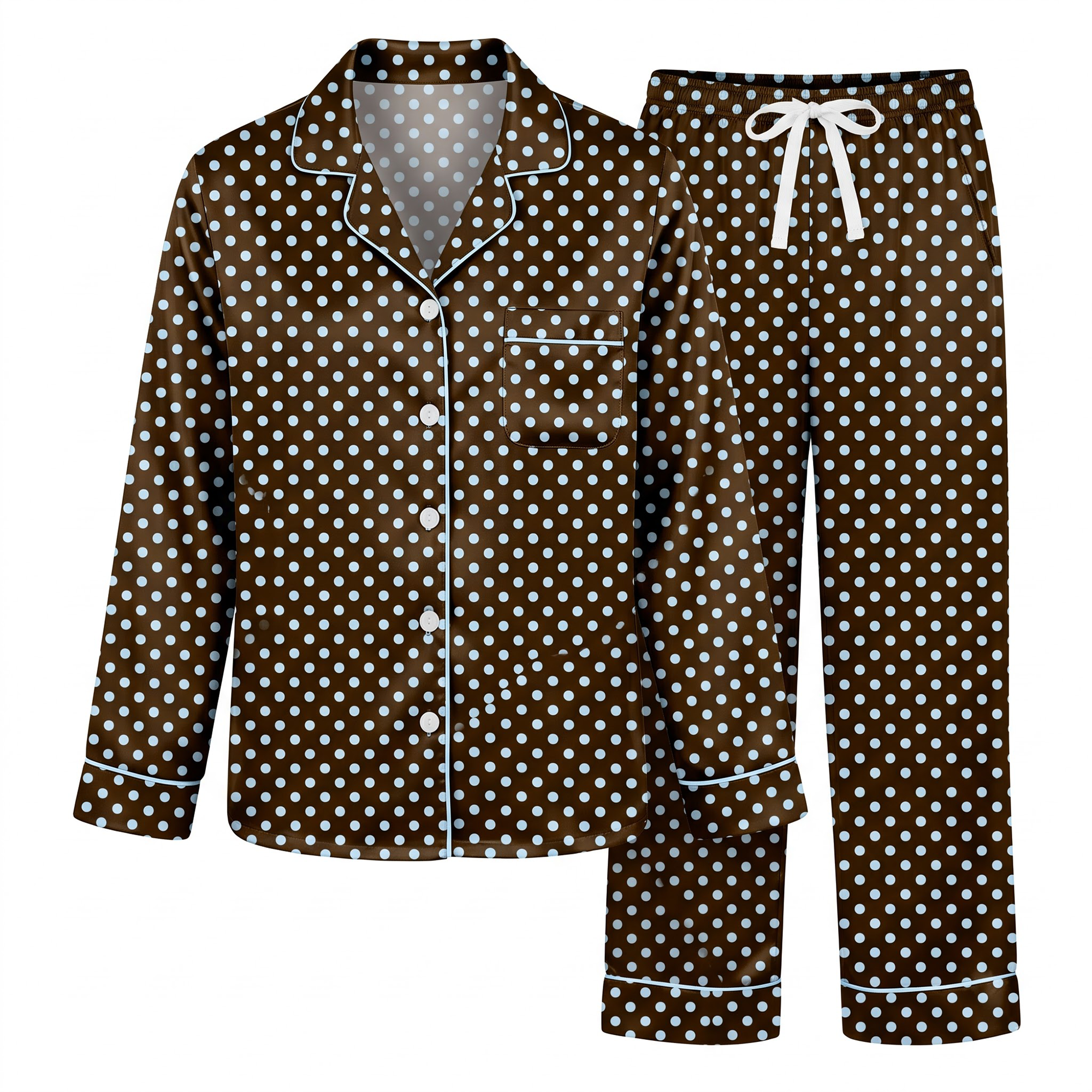Brown Polka Dot Satin Pajama Set, Chocolate Silk Sleepwear, Light Blue Dot Pattern Lounge Set, Gift for Her Women