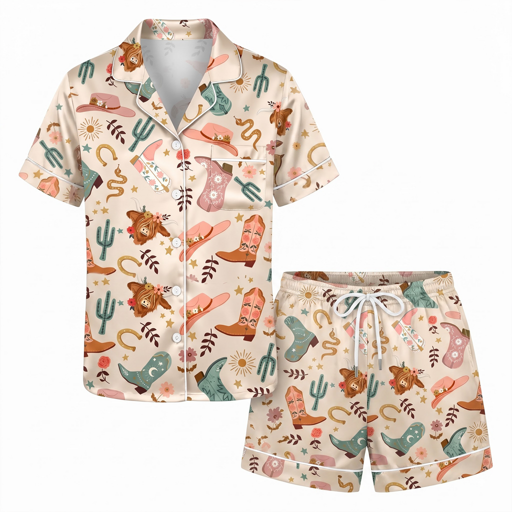 Highland Cow Pajama Set, Western Satin Lounge Set, Desert Cowgirl Sleepwear PJS, Birthday Gift for Her Women