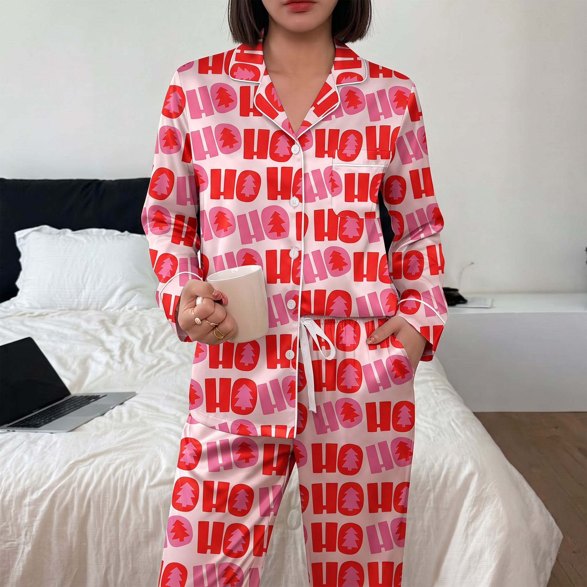 Pink Ho Ho Ho Satin Pajama Set, Red Christmas Silk Sleepwear, Holiday Typography Button Down Pjs, Christmas Gift for Her