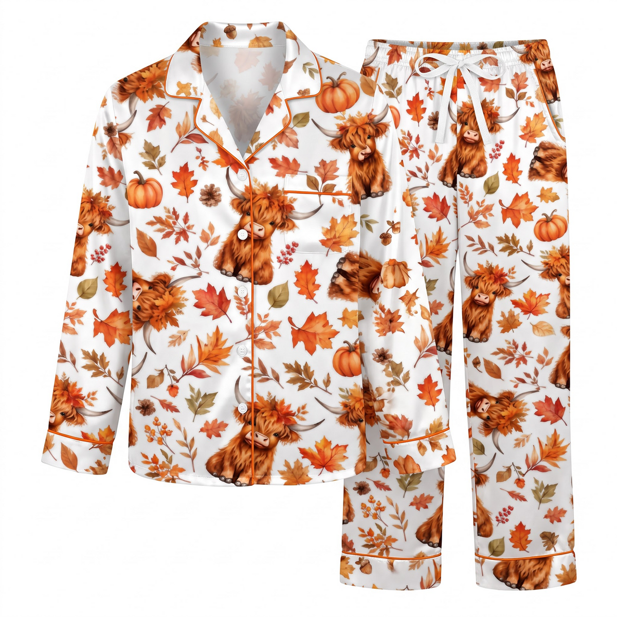 Cute Highland Cow Pajama Set, Fall Pumpkin Autumn Satin PJS, Western Farmhouse Sleepwear, Thanksgiving Gift for Friends