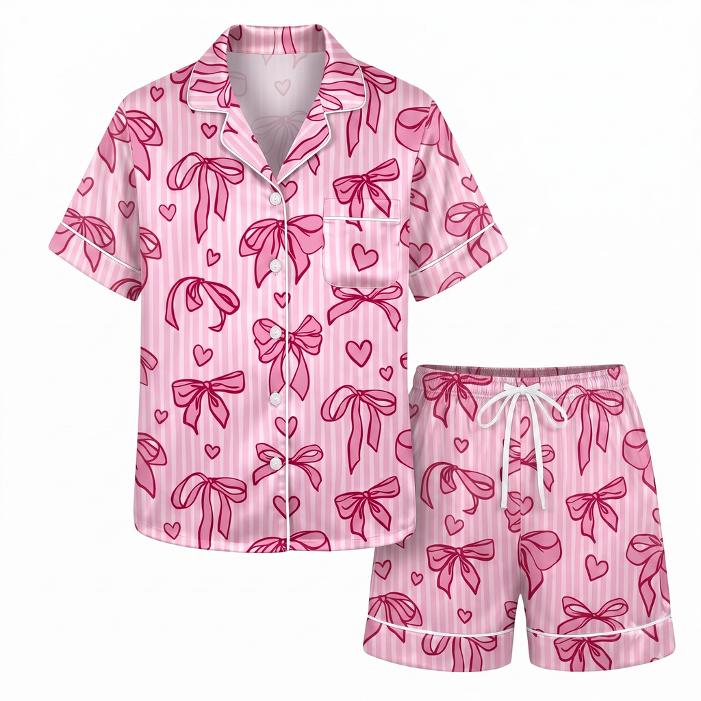 Pink Bow Short Pajama Set, Coquette Striped Satin Short Set, Summer Pink Ribbon Sleepwear PJS, Gift for Her Women