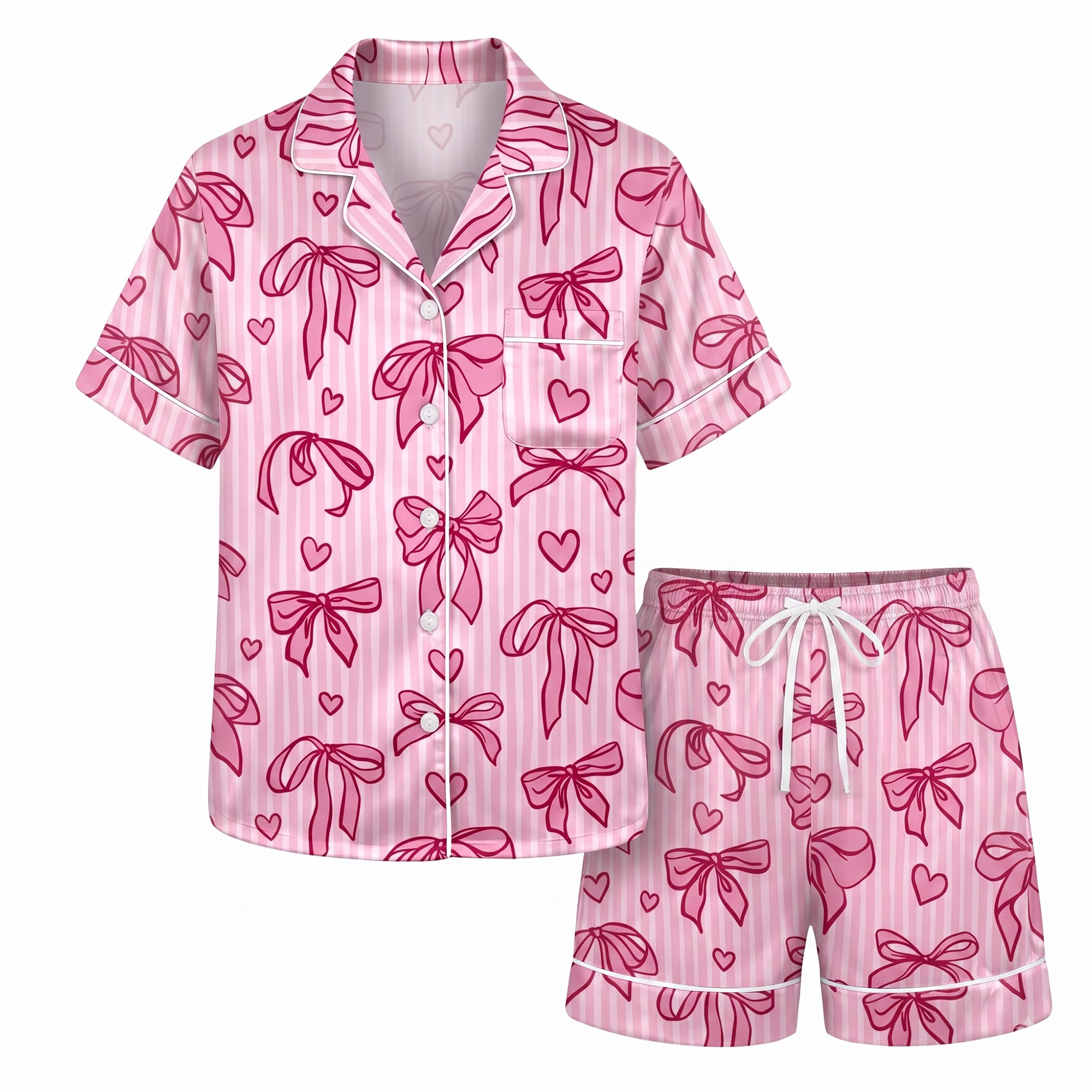 Pink Bow Short Pajama Set, Coquette Striped Satin Short Set, Summer Pink Ribbon Sleepwear PJS, Gift for Her Women