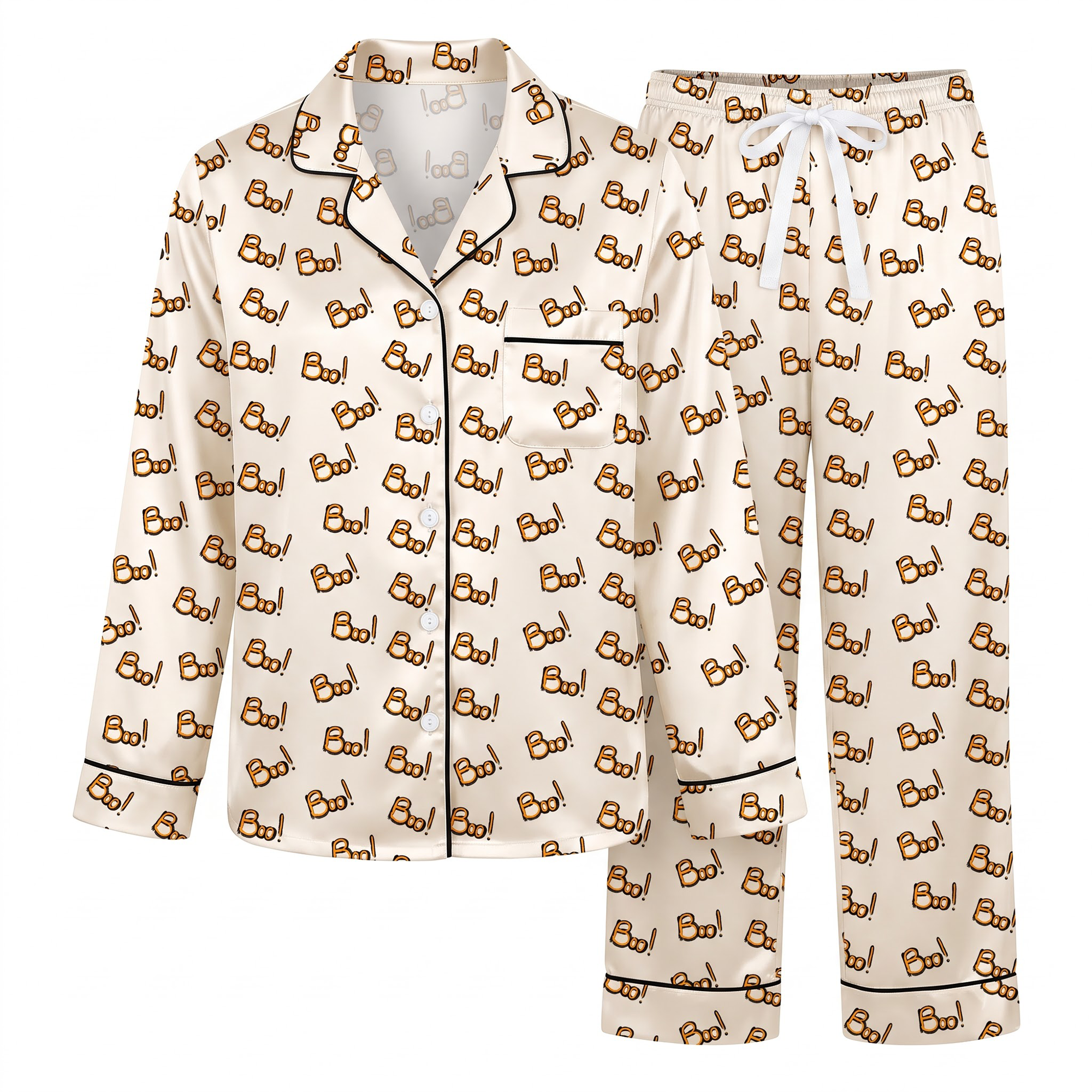 Cute Boo Halloween Satin Pajama Set, Cream Silk Long Sleeve PJs, Spooky Ghost Fall Sleepwear, Halloween Gift for Her Women
