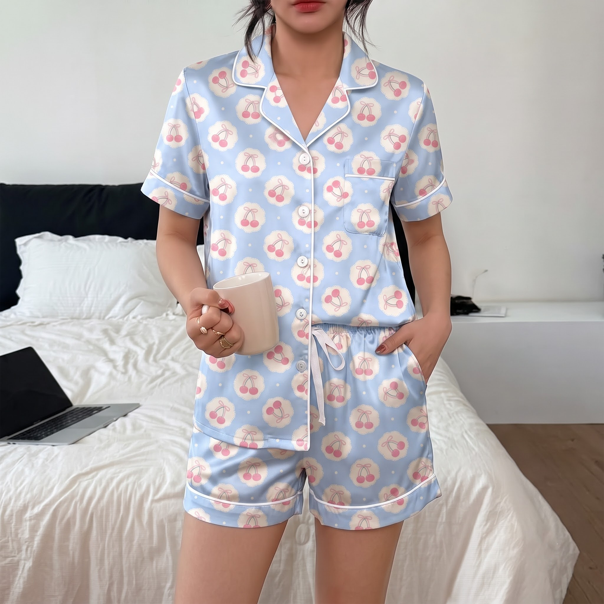Blue Cherry Pajama Set, Coquette Pink Cherry Satin Lounge Set, Cute Ribbon Cherry Sleepwear PJS, Birthday Gift for Her