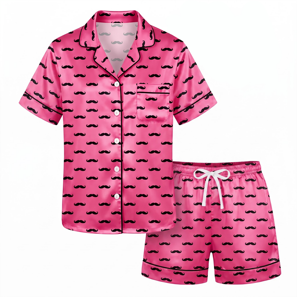 Pink Mustache Pajama Set, Black Moustache Print Satin Sleepwear, Funny Silk Long Sleeve PJ Set, Cute Gift for Bestie Girlfriend