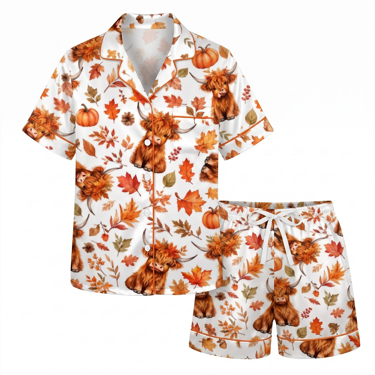 Cute Highland Cow Pajama Set, Fall Pumpkin Autumn Satin PJS, Western Farmhouse Sleepwear, Thanksgiving Gift for Friends