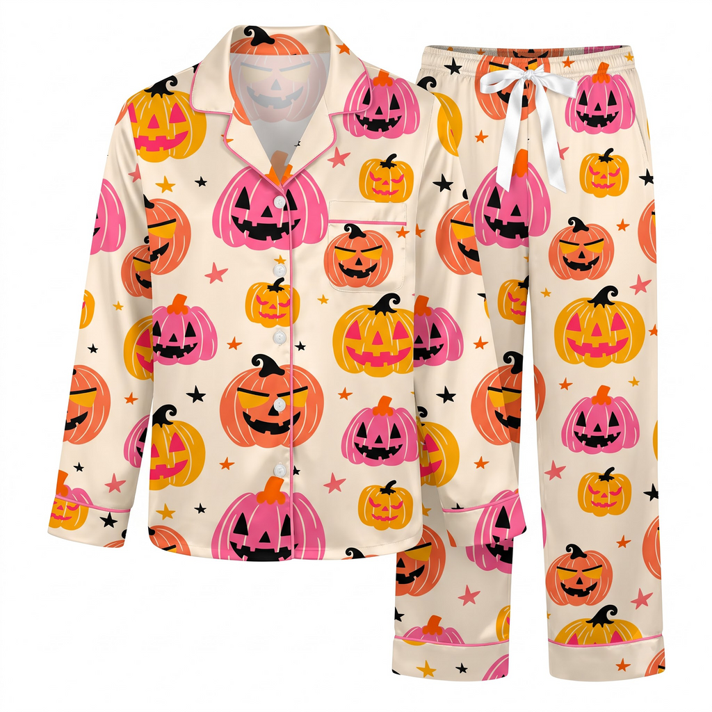 Pink Halloween Pumpkin Pajama Set, Orange Jack O Lantern PJS, Cute Spooky Lounge Set, Halloween Gift for Her Women