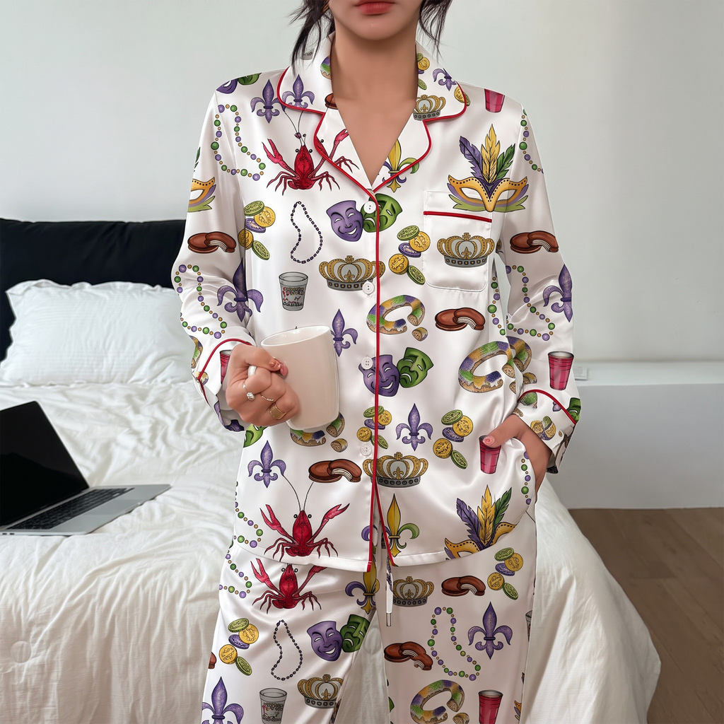 Mardi Gras Satin Pajama Set, New Orleans Crawfish Silk Sleepwear, Masquerade King Cake Lounge Set, Festival Gift for Her