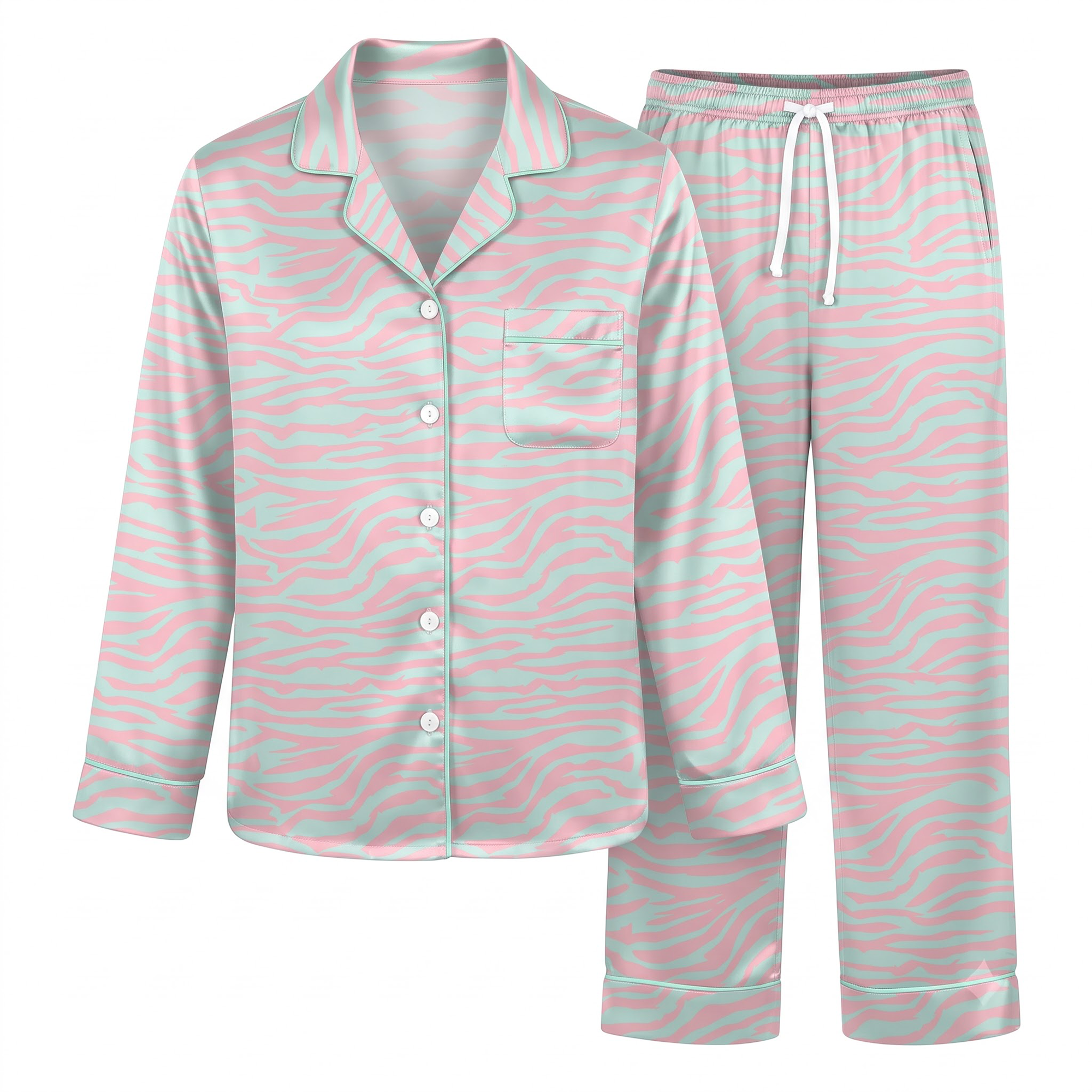 Pink Mint Zebra Satin Pajama Set, Pastel Zebra Stripe Silk Sleepwear, Cute Animal Print Lounge Set, Gift for Her Women