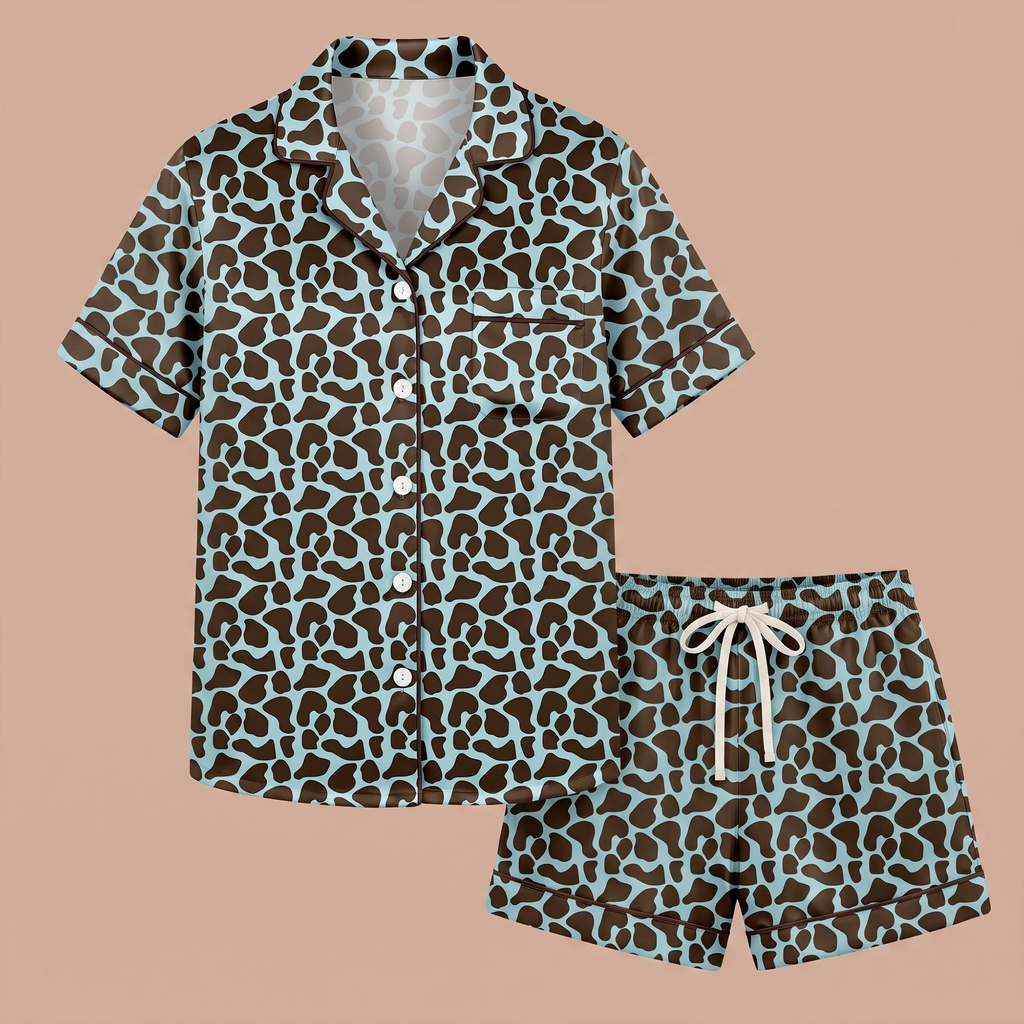 Blue Cow Print Satin Pajama Set, Brown Cow Spot Silk Sleepwear, Western Animal Print Lounge Set, Gift for Her Women