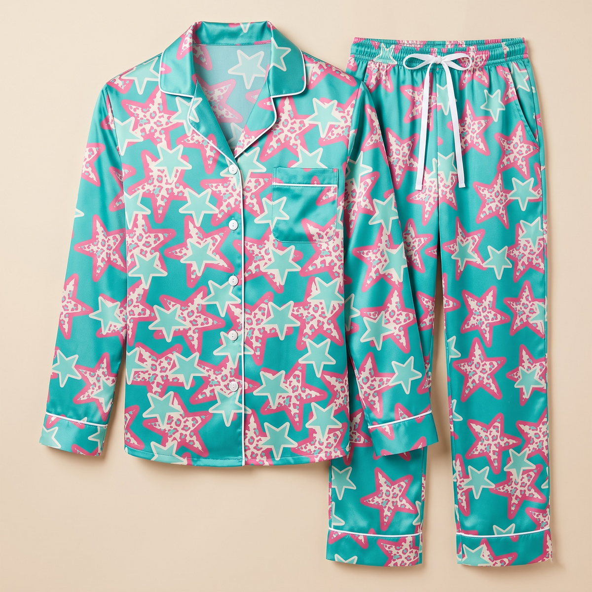 Teal Star Satin Pajama Set, Y2K Pink Leopard Silk Sleepwear, Turquoise Starburst Lounge Set, Preppy Gift for Her Women
